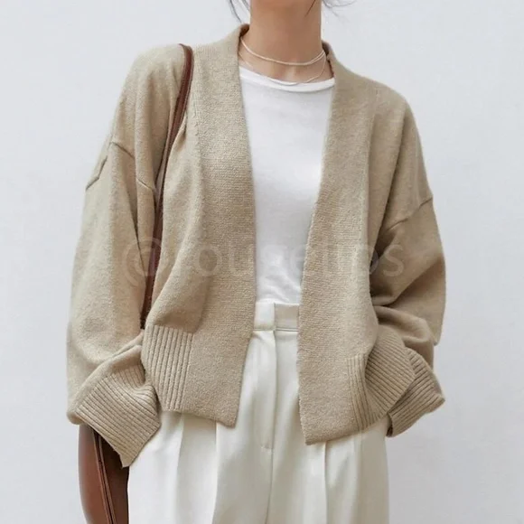 Oatmeal Beige Knit Kimono Sweater Tie Belt Boxy Loose Fit Drop Shoulder Wrap - Picture 2 of 12